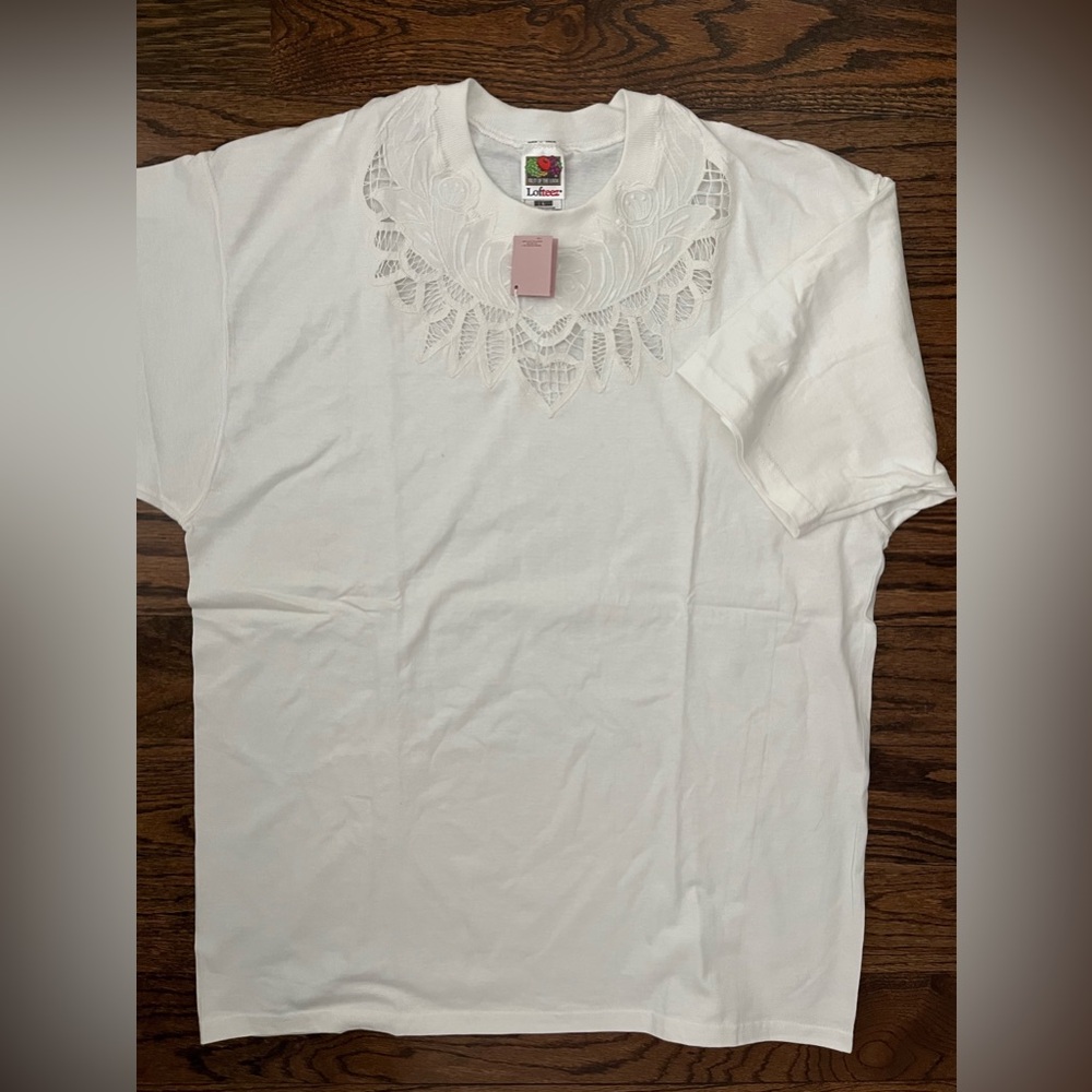 Oversized White T Shirt Top with Embroidery And Lace Accents.  Size L.